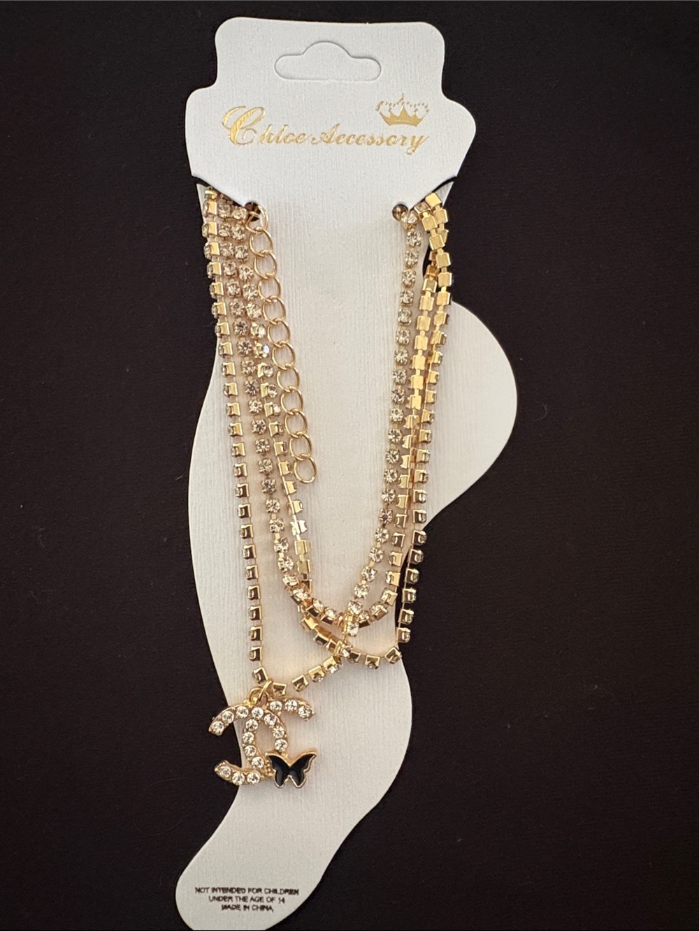 Gold Crystal Fashion Layered Ankle Bracelet with Black Butterfly Charm
